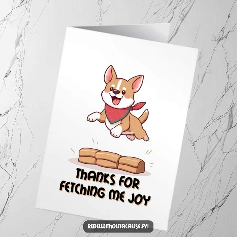 Funny Free Printable Thank You Card of a daring dog in a bandana leaping over a small object, expressing thanks humorously.