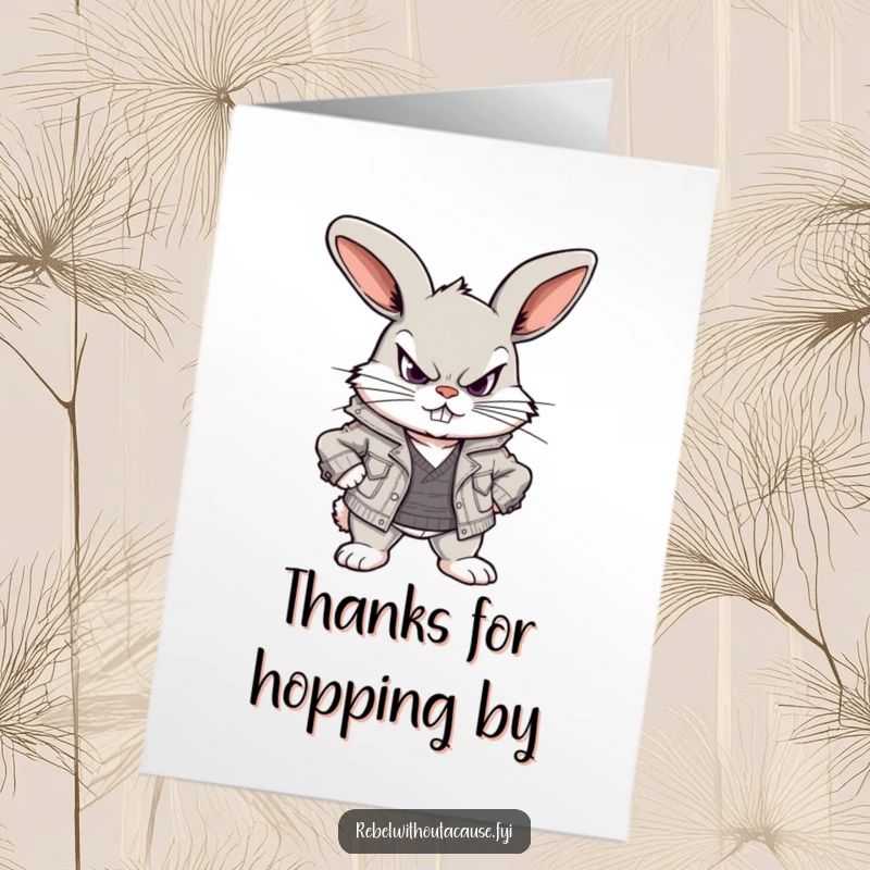 Funny Free Printable Thank You Card: Scowling bunny in ripped jacket, expressing thanks with playful defiance.