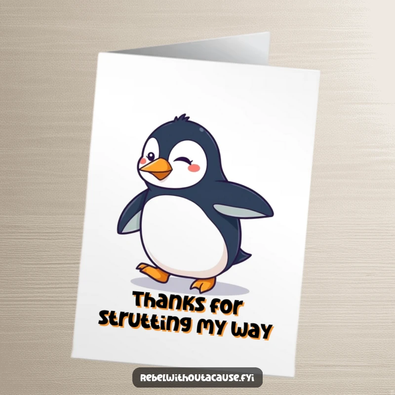 Funny Free Printable Penguin Thank You Card: A sassy penguin does a smooth strut, conveying thanks.