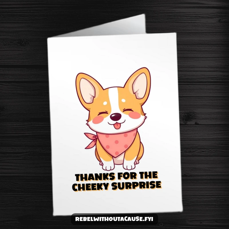 Funny free printable thank you card: A mischievous corgi wearing a bandana winks playfully.