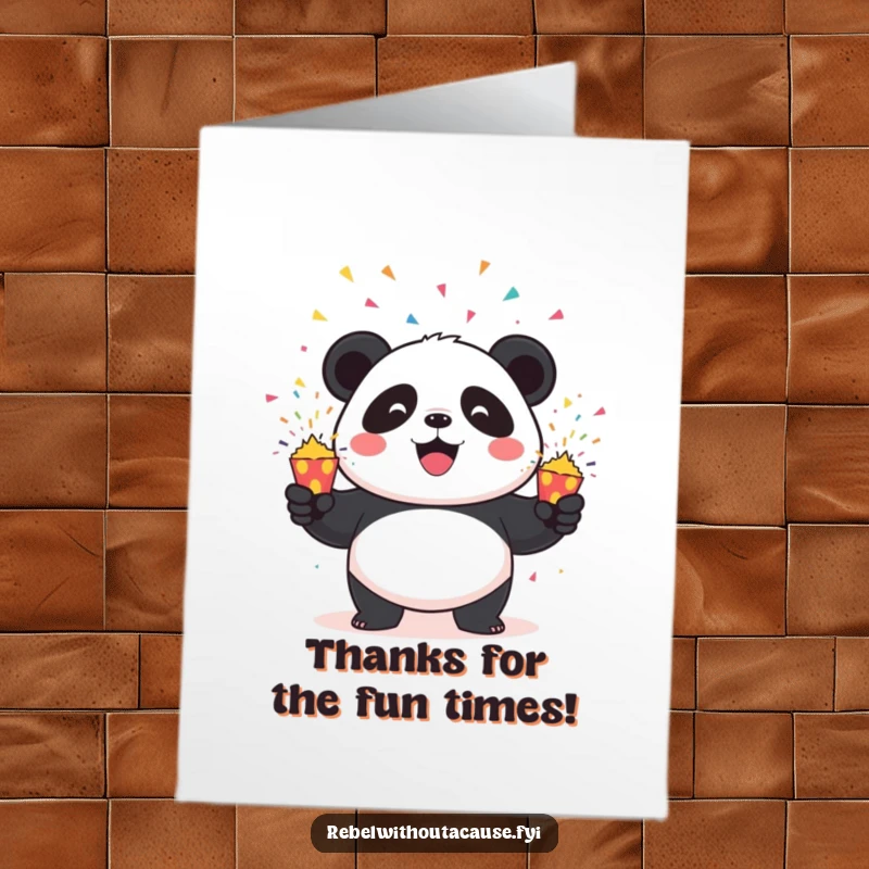 Funny Free Printable thank you card with a mischievous panda juggling exploding confetti poppers, symbolizing overwhelming gratitude.