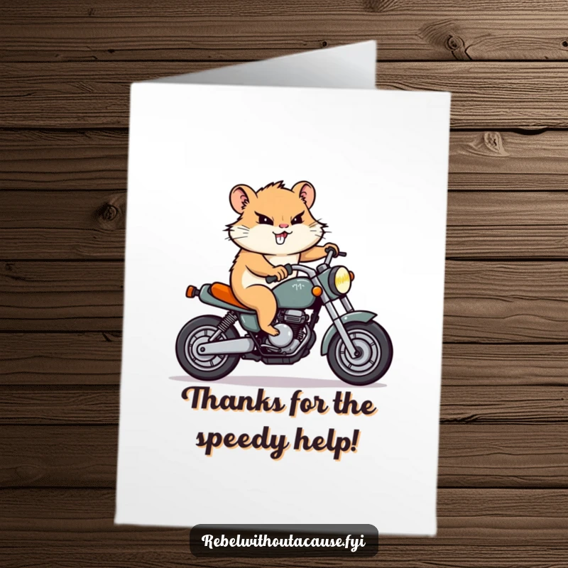 Funny Free Printable Thank You Card: Hamster character riding a tiny motorcycle, delivering thanks with a determined, cool grin.