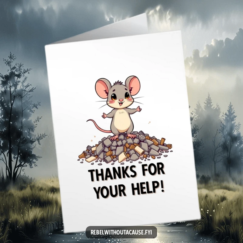 Funny Free Printable Thank You Card: A brave mouse salutes from atop debris.