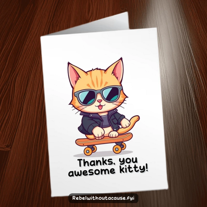 Funny Free Printable Thank You Card: a cool cat on a skateboard, sending groovy thanks with rockstar flair.