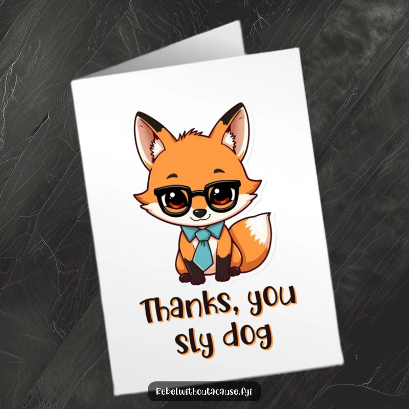 Funny Free Printable Thank You Card: Jaunty fox in loose tie, swaggering, expressing thanks with charm.