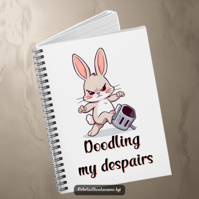 Funny notebook with a rebellious bunny kicking a trash can, for jotting down notes with a humorous, defiant flair.