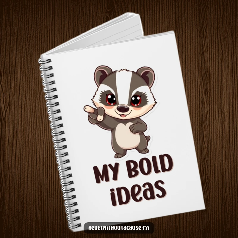Funny bold badger notebook featuring a determined badger pointing forward with a confident expression, ideal for planning and note-taking.
