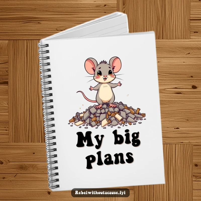 Funny brave mouse notebook featuring a small mouse standing tall on debris with a determined expression, ideal for planning and note-taking.