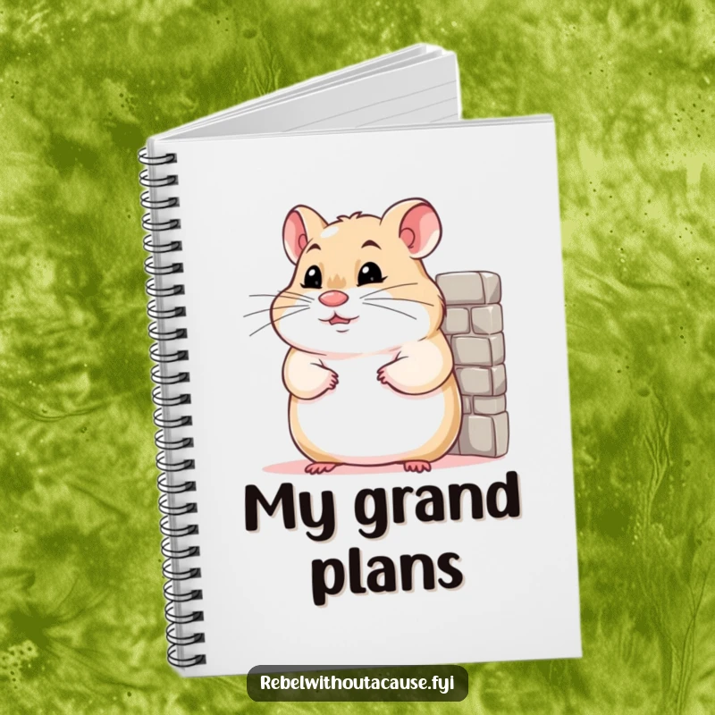 Funny notebook cover featuring a confident hamster with a smirk, leaning against a miniature wall, for jotting bright ideas.