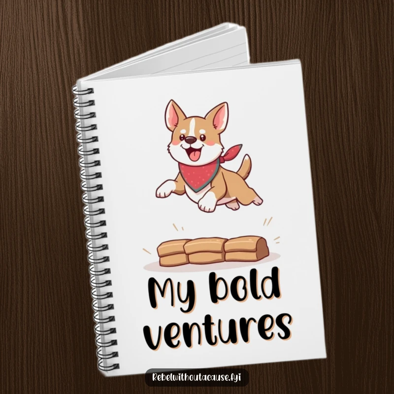 Funny notebook featuring a daring dog with a bandana leaping, perfect for notes and planning, an adventurous funny gift.