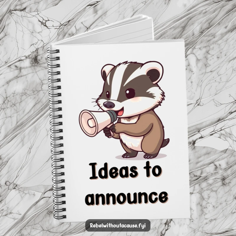 Funny determined badger megaphone notebook featuring a badger gripping a megaphone, ready to shout, perfect for writing down bold ideas.