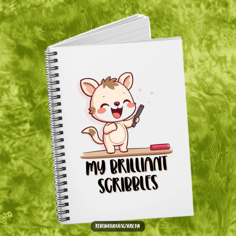 Funny notebook with a joyful animal character happily scrawling with chalk on a blank wall, ideal for sketching and creative ideas.