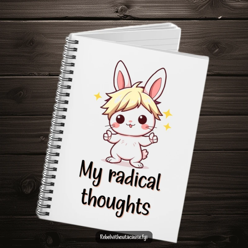Funny Kawaii Bunny Notebook with a punk bunny sporting a wild hairstyle, striking a 'rock on' pose, perfect for jotting down ideas.