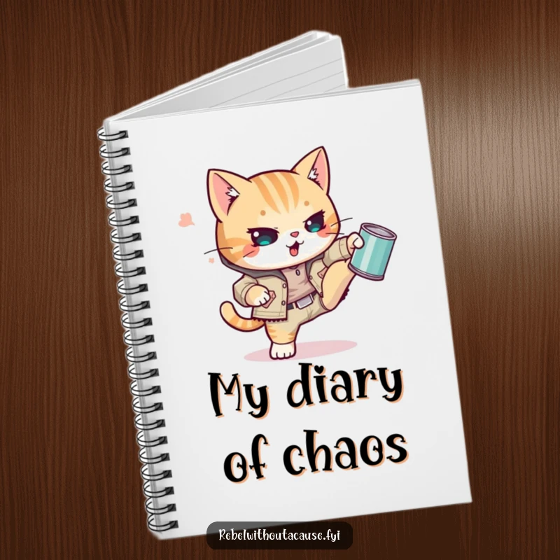 Funny Kawaii Cat Notebook with a punk kitty in ripped clothing, defiantly kicking a tin can, perfect for jotting down edgy ideas.