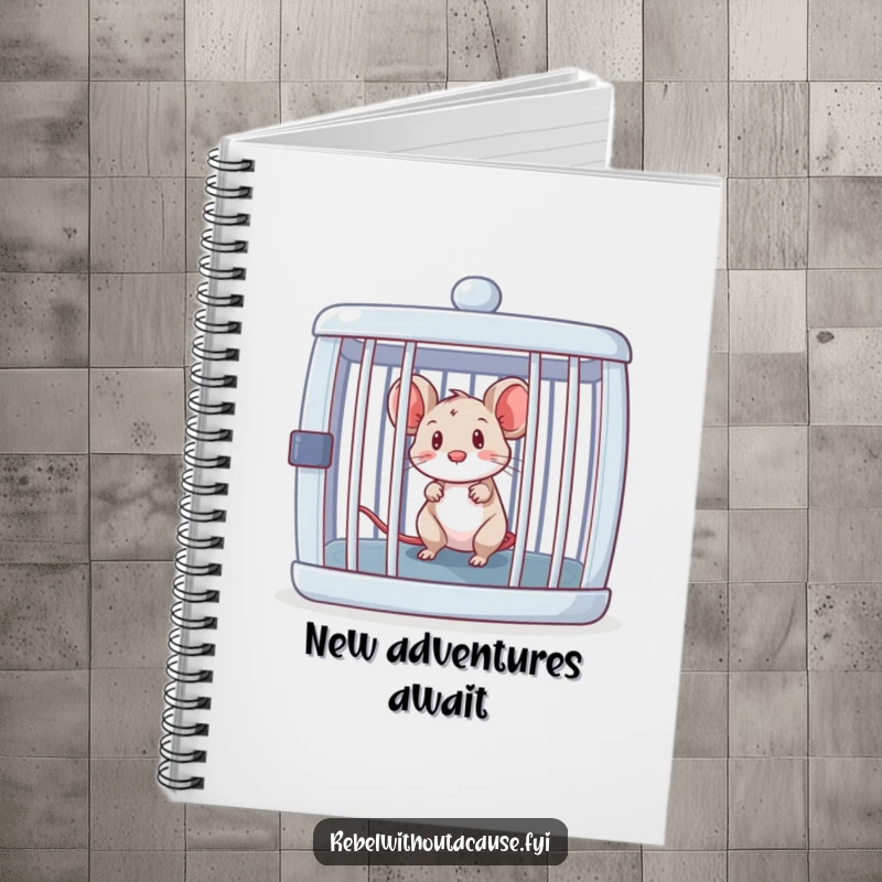 Funny mouse peeking out of an open, empty cage, cover of a notebook for jotting ideas.