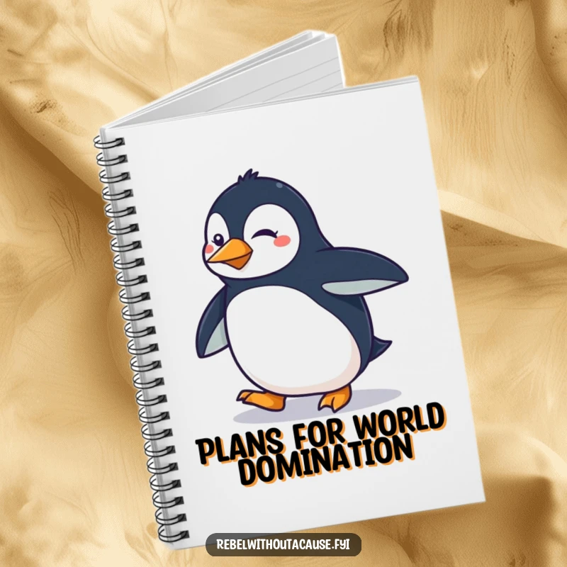 Funny determined penguin doing a smooth, sassy strut on a notebook, ideal for journaling.