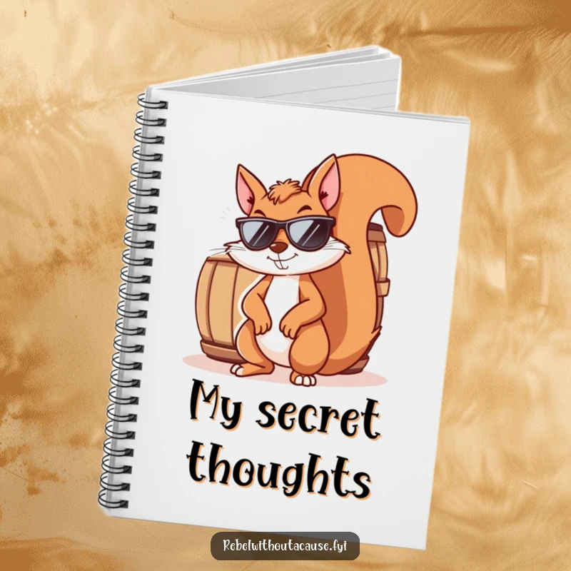 Funny squirrel notebook featuring a mischievous squirrel wearing sunglasses and smirking, leaning against a barrel. Ideal for journaling and planning.