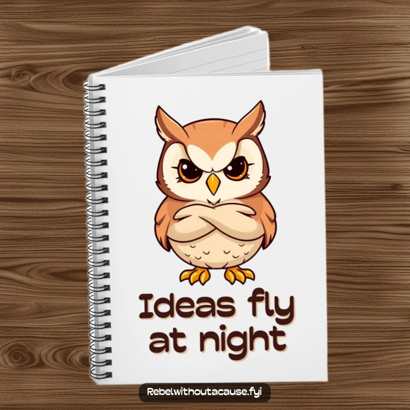 Funny notebook with a bold owl character, stern and cool, arms crossed, inspiring wise note-taking.