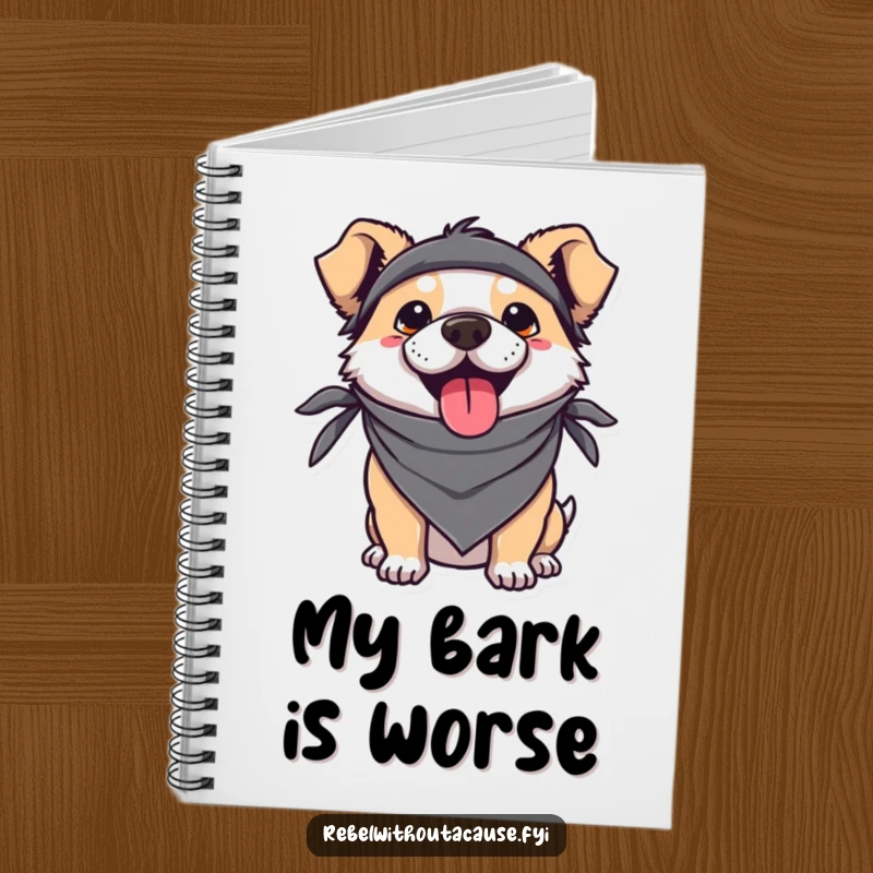 Funny Kawaii Dog Notebook with a cute, rebellious pup wearing a bandana and sticking its tongue out, perfect for jotting down ideas.