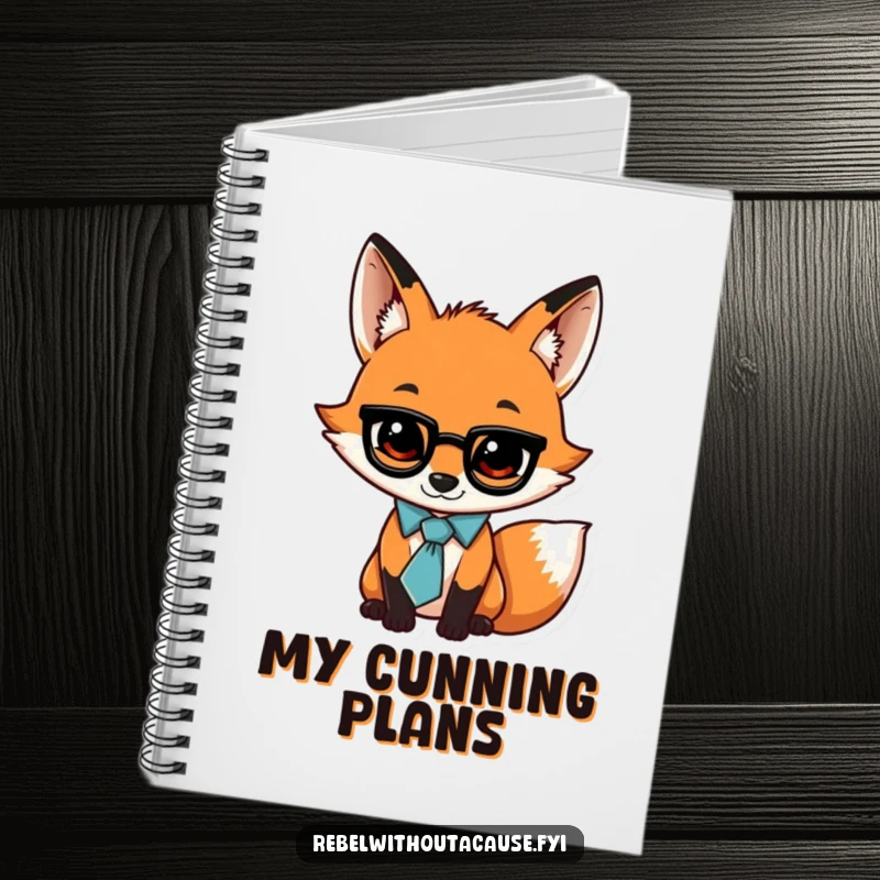 Funny notebook with a jaunty fox wearing a loose tie and a swagger on the cover, ready for notes and clever ideas.