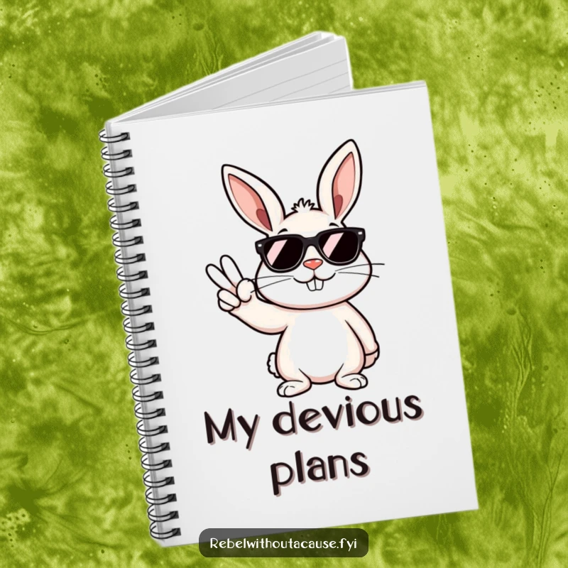 Funny notebook with a rebellious bunny wearing sunglasses, smirking and making a peace sign, ready for notes.