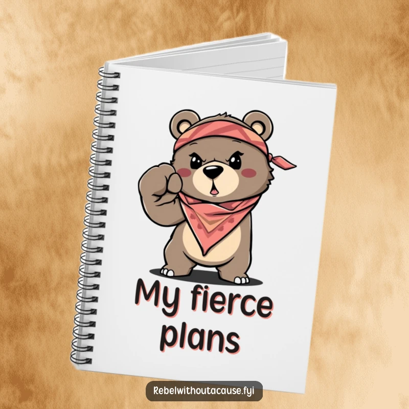 Funny Bear Notebook with a determined, bandana-wearing bear throwing a fist on the cover, great funny gift.