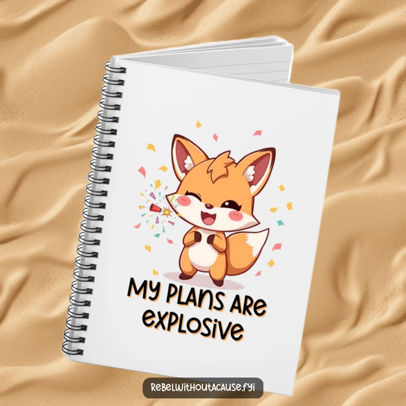 Funny fox with a confetti bomb on a notebook, ideal for jotting down party ideas and plans.