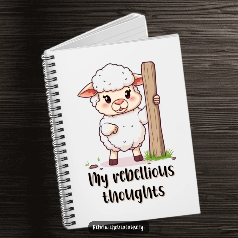 Funny notebook cover featuring a fluffy sheep holding a broken fence post, perfect for jotting down rebellious thoughts.