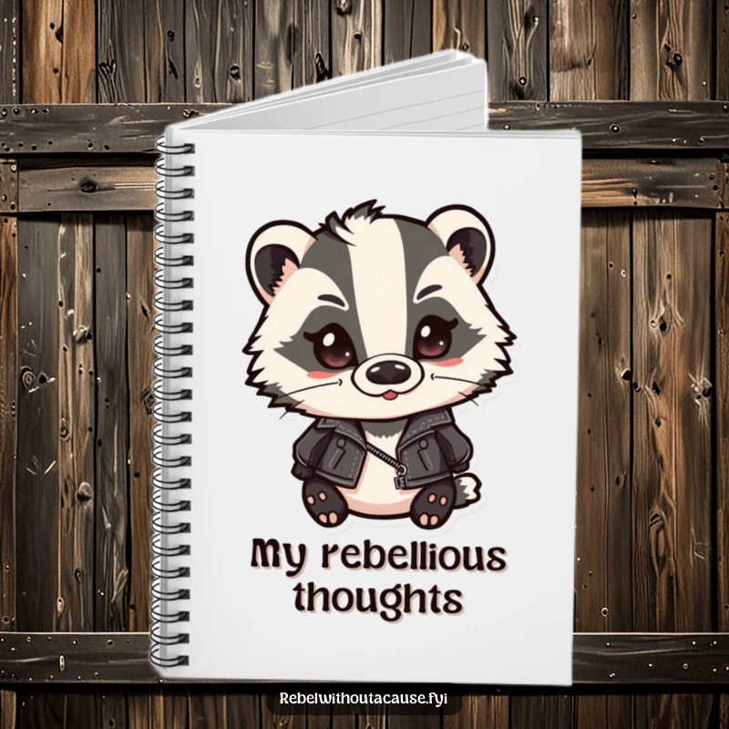 Funny badger notebook featuring a cute badger in a leather jacket and slicked-back hair, smirking with a cool, thoughtful look. Ideal for writing and planning.