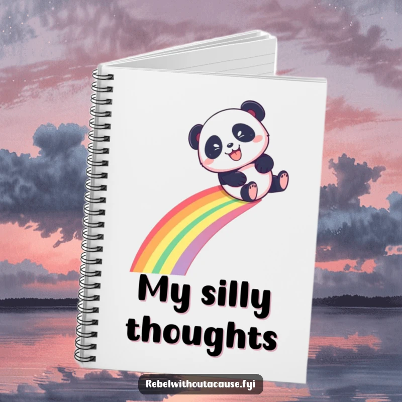 Funny Panda Notebook with a playful panda sliding down a rainbow with a mischievous grin on the cover, great funny gift.