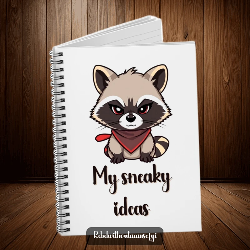 Funny raccoon notebook featuring a mischievous raccoon with a sly wink and bandana, perfect for note-taking with a playful and cheeky attitude, funny gift.