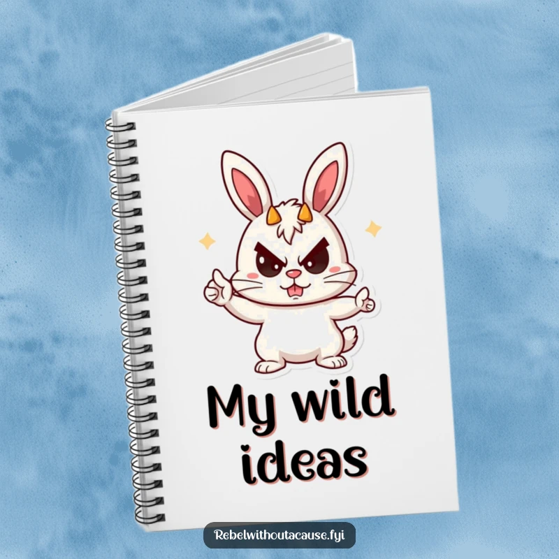 Funny Rebellious Bunny Notebook featuring a playful bunny giving devil horns and a sneer, designed for jotting down ideas with a mischievous flair.