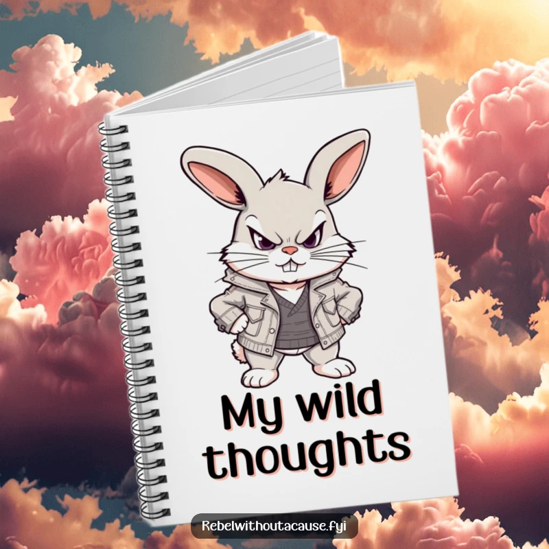 Funny notebook with a scowling, defiant bunny in a ripped jacket on the cover, ready for notes and creative ideas.