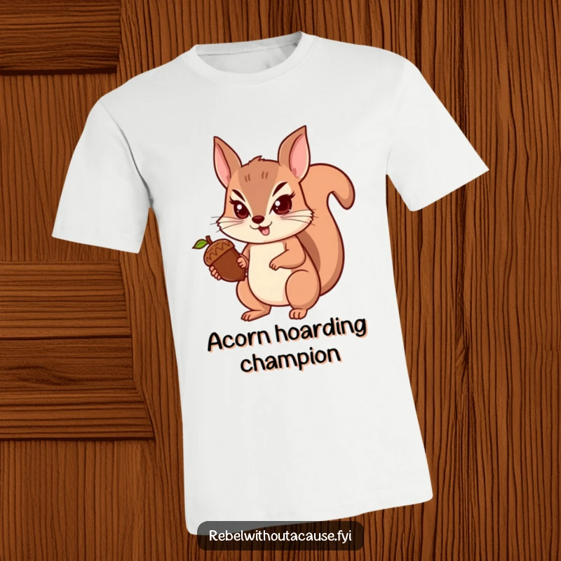 Funny squirrel t-shirt showing a spunky squirrel with a determined look, fiercely protecting its acorn, a symbol of focus, funny gift.