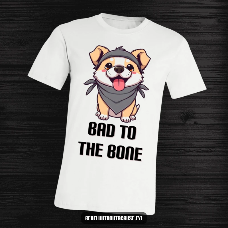 Funny Kawaii Dog T-Shirt showing a cute dog in a bandana, sticking its tongue out with a rebellious and playful puppy attitude.