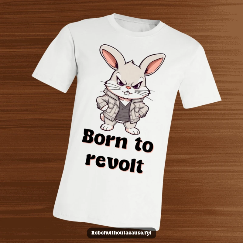 Funny t-shirt showcasing a defiant bunny wearing a ripped jacket, scowling playfully, embodying a cool and rebellious punk vibe.