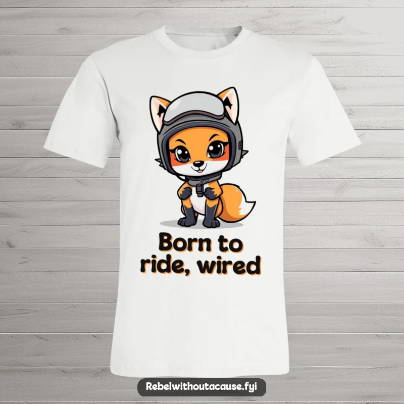 Funny t-shirt showcasing a confident fox wearing a motorcycle helmet, ready for adventure.
