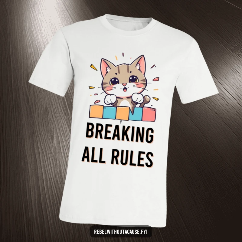 Funny t-shirt graphic of a bold cat character smashing through a vibrant, striped barrier with explosive energy.