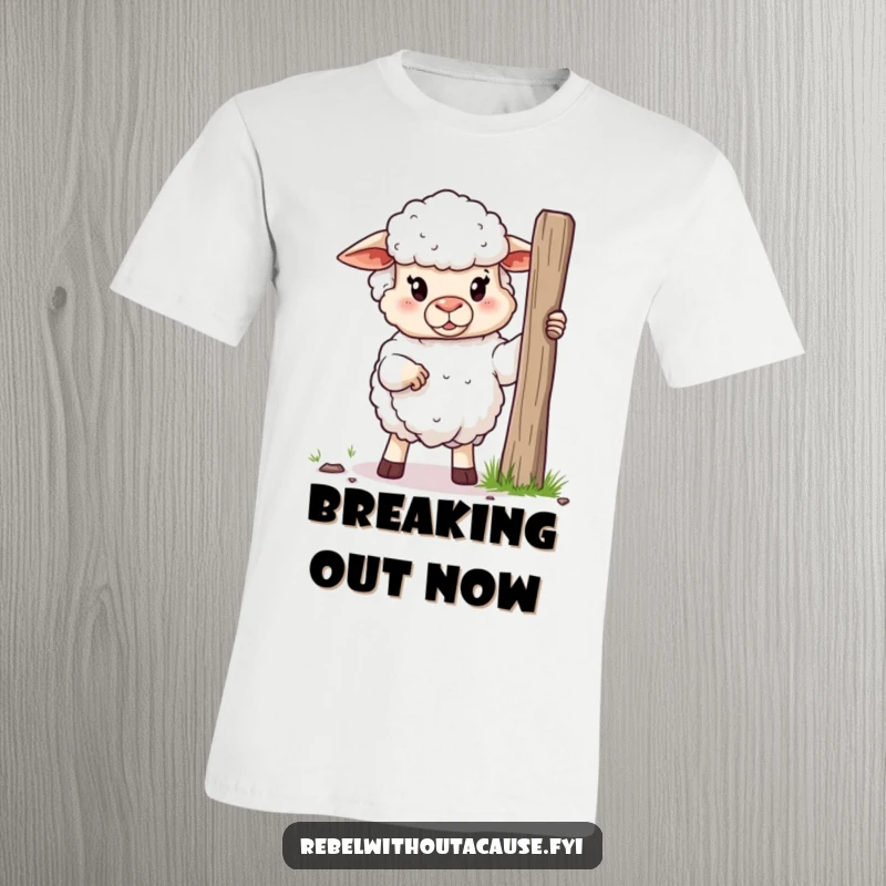Funny t-shirt depicting a fluffy sheep standing defiantly with a broken fence post, a humorous symbol of escape.