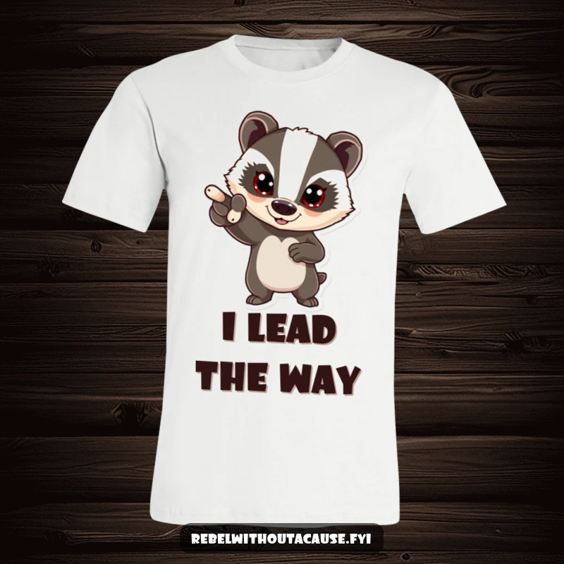 Funny bold badger t-shirt with a determined badger pointing ahead with confidence, embodying courage and a humorous spirit.
