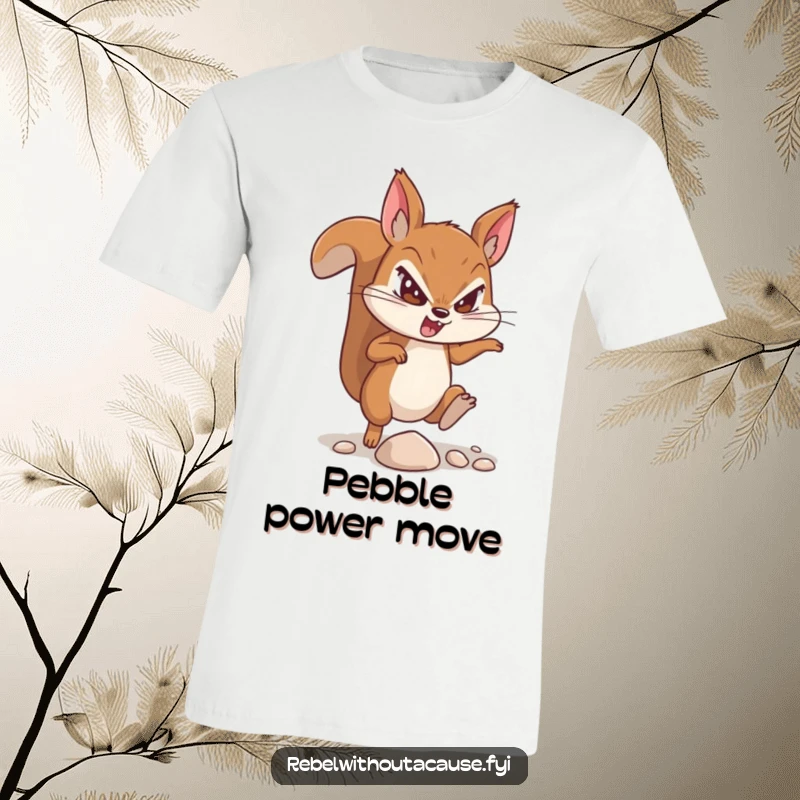 Funny t-shirt depicting a defiant squirrel character with a determined expression, kicking a small pebble with gusto.