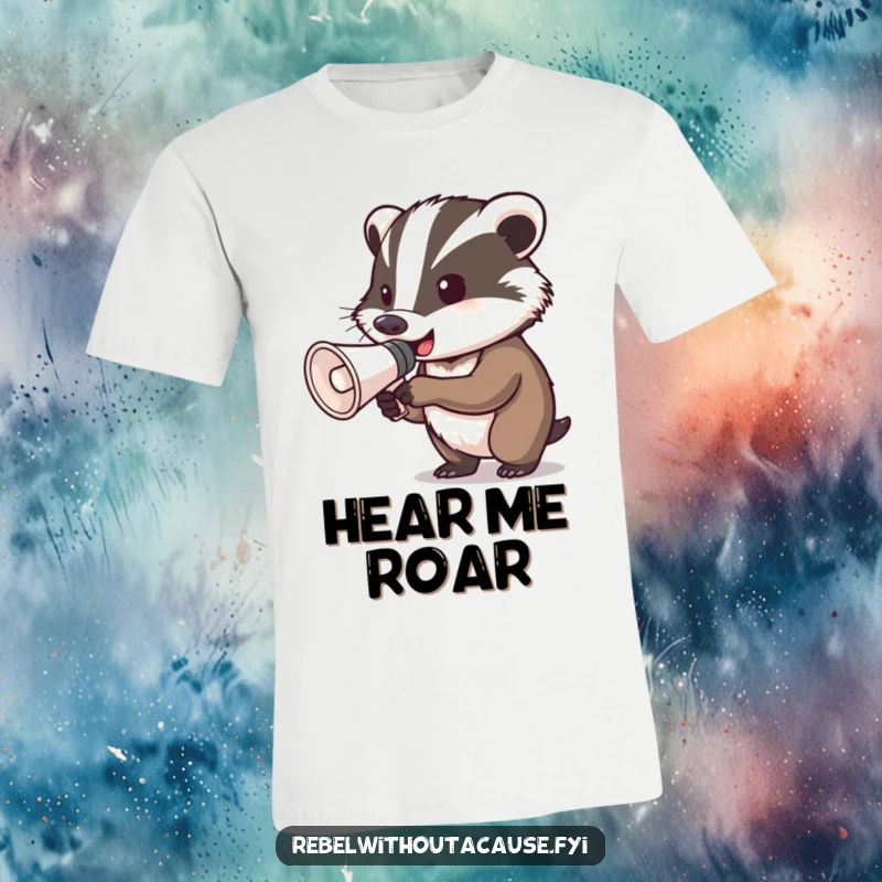 Funny determined badger t-shirt featuring a badger gripping a megaphone, ready to shout, perfect for expressing strong opinions with humor.