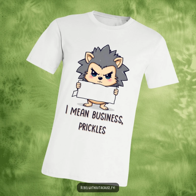 Funny t-shirt of a determined hedgehog character holding a stern, ripped sign, symbolizing steadfastness and conviction.
