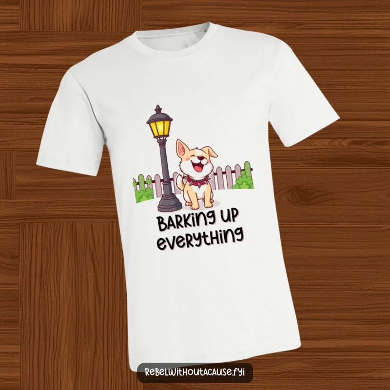 Funny Dog T-Shirt showing a cheerful dog in a spiked collar playfully barking at a lamppost, a humorous pet statement.