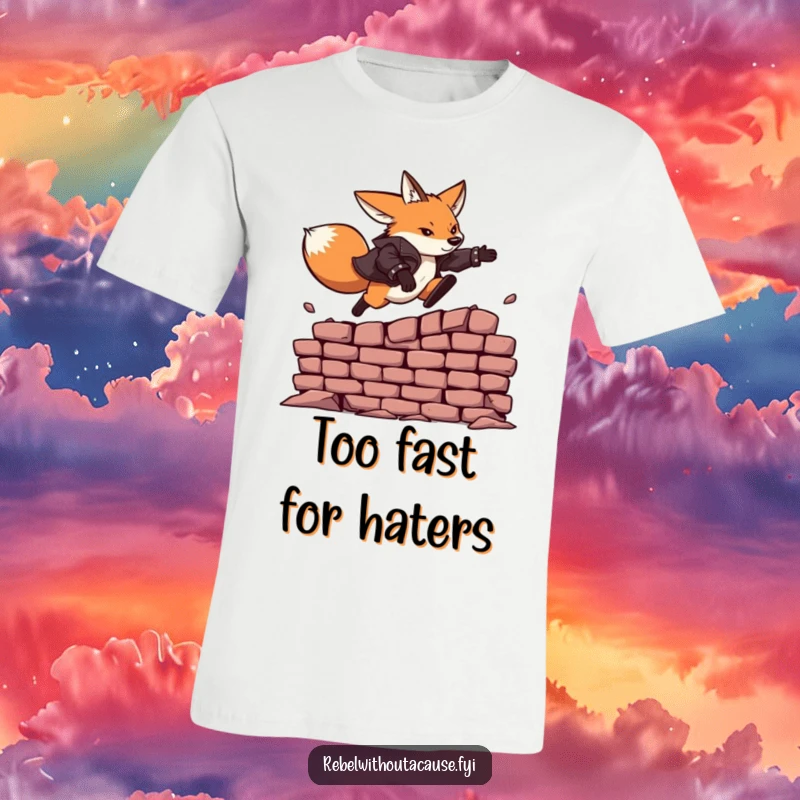 Funny t-shirt depicting a fearless fox wearing a leather jacket, captured mid-leap over a crumbling brick wall.