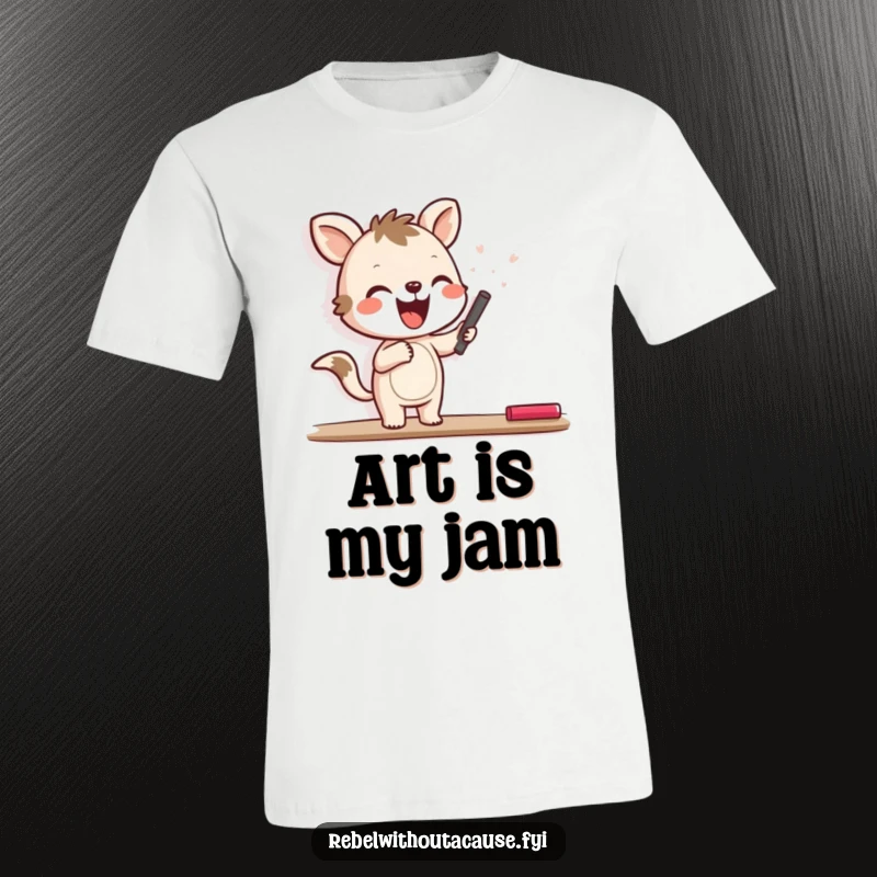 Funny t-shirt featuring a joyful animal character happily scrawling with chalk on a blank wall, showcasing artistic expression.