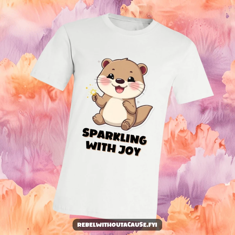 Funny otter t-shirt showcasing a happy otter holding a sparkler, looking cool and confident. Fun and stylish apparel.