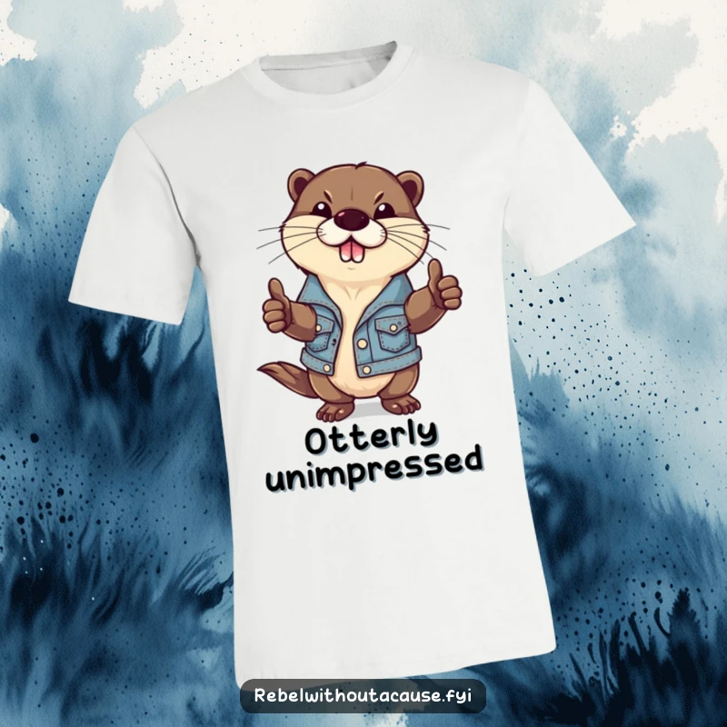 Funny t-shirt featuring a defiant otter in a small, ripped denim jacket, giving a classic thumbs-down, perfect for expressing cool rebellion.