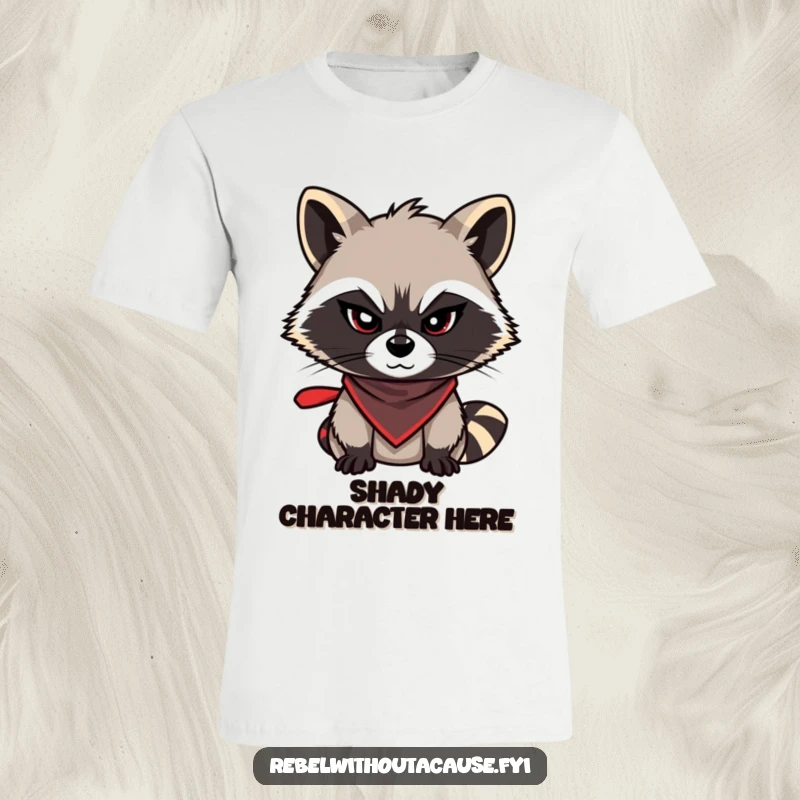 Funny raccoon t-shirt showing a mischievous raccoon with a sly wink and bandana, ready for some fun, a cool funny gift.
