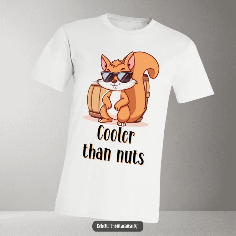 Funny squirrel t-shirt showcasing a mischievous squirrel wearing sunglasses and smirking, leaning against a barrel. Cool and humorous design.